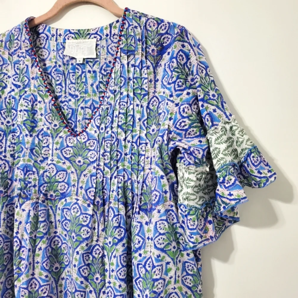Anthropologie Duet Frill Tiered Mini Dress Cover-Up Blue Multi Small - Picture 4 of 13